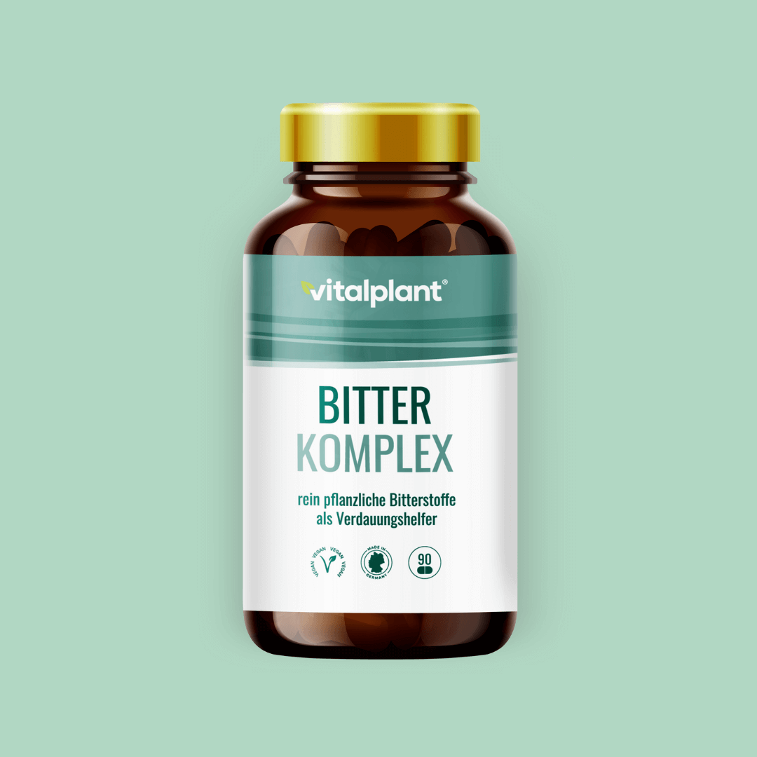 Bitter Komplex Kapseln von Vitalplant in einer eleganten braunen Flasche für dein Wohlbefinden