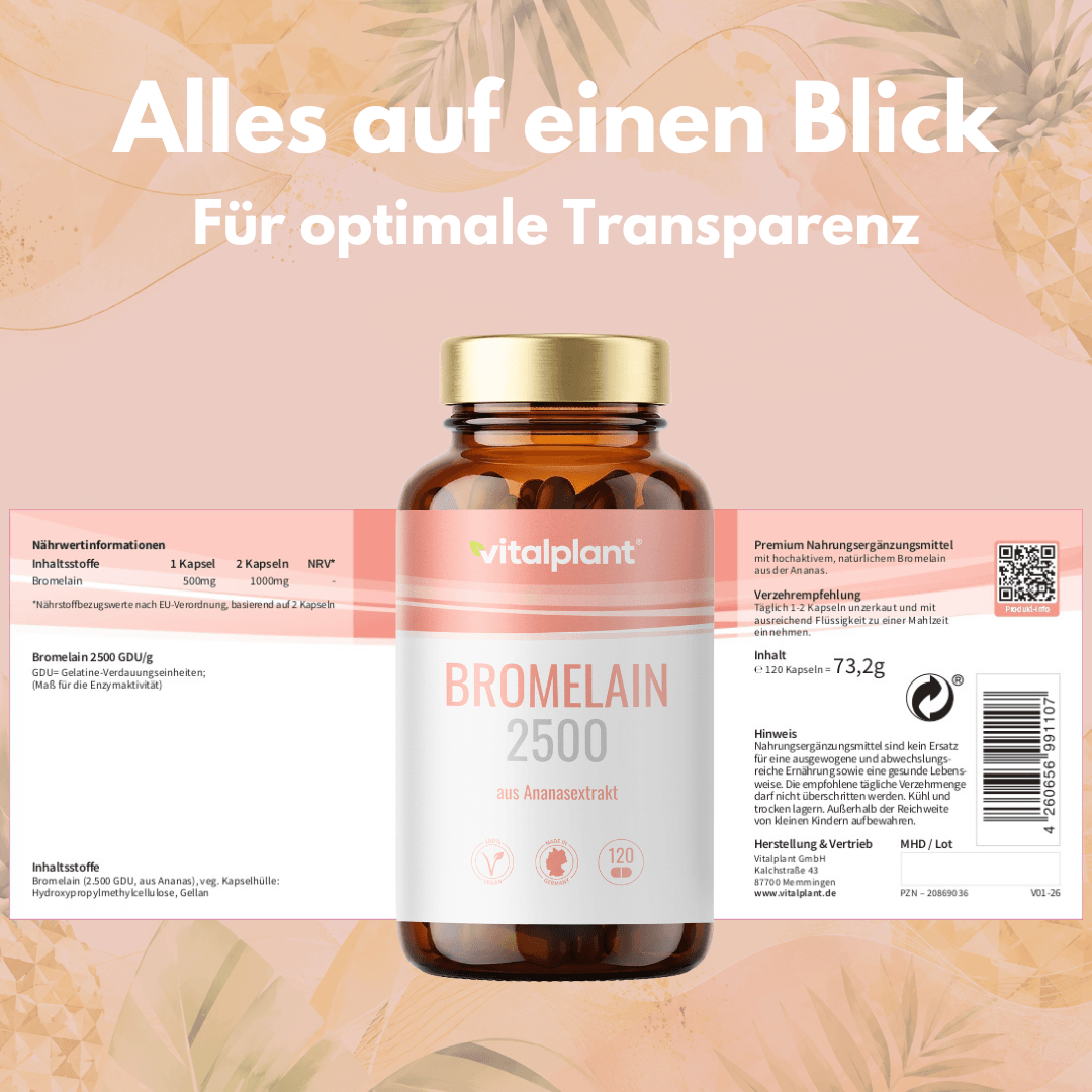 Bromelain Kapseln von Vitalplant in einer Glasflasche, angereichert mit Ananasenzym 2500 GDU.