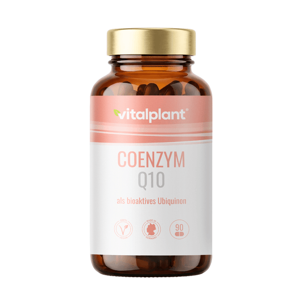 Coenzym Q10: Vitalplant Flasche mit Kapseln für zelluläre Energie und Unterstützung der Mitochondrien.