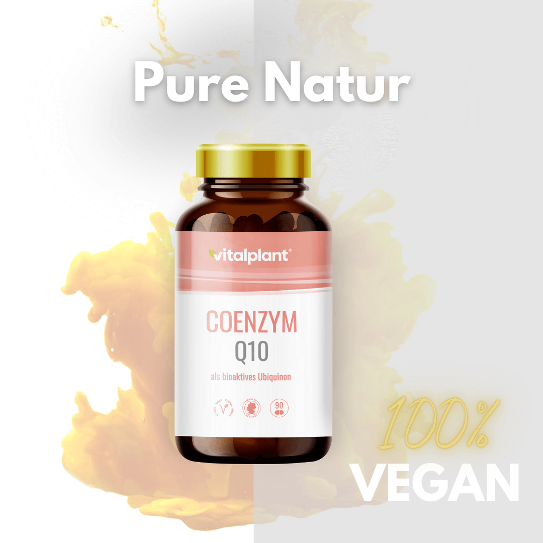 Coenzym Q10 Kapseln von vitalplant, 100% vegan für zelluläre Energie und Gesundheit.