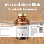 Cordyceps capsules from Vitalplant with premium mycelium extract for optimal health.