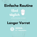 Darm Elixier Dosieranleitung mit 15ml täglich für einen Monat Vorrat in 500ml Flasche.