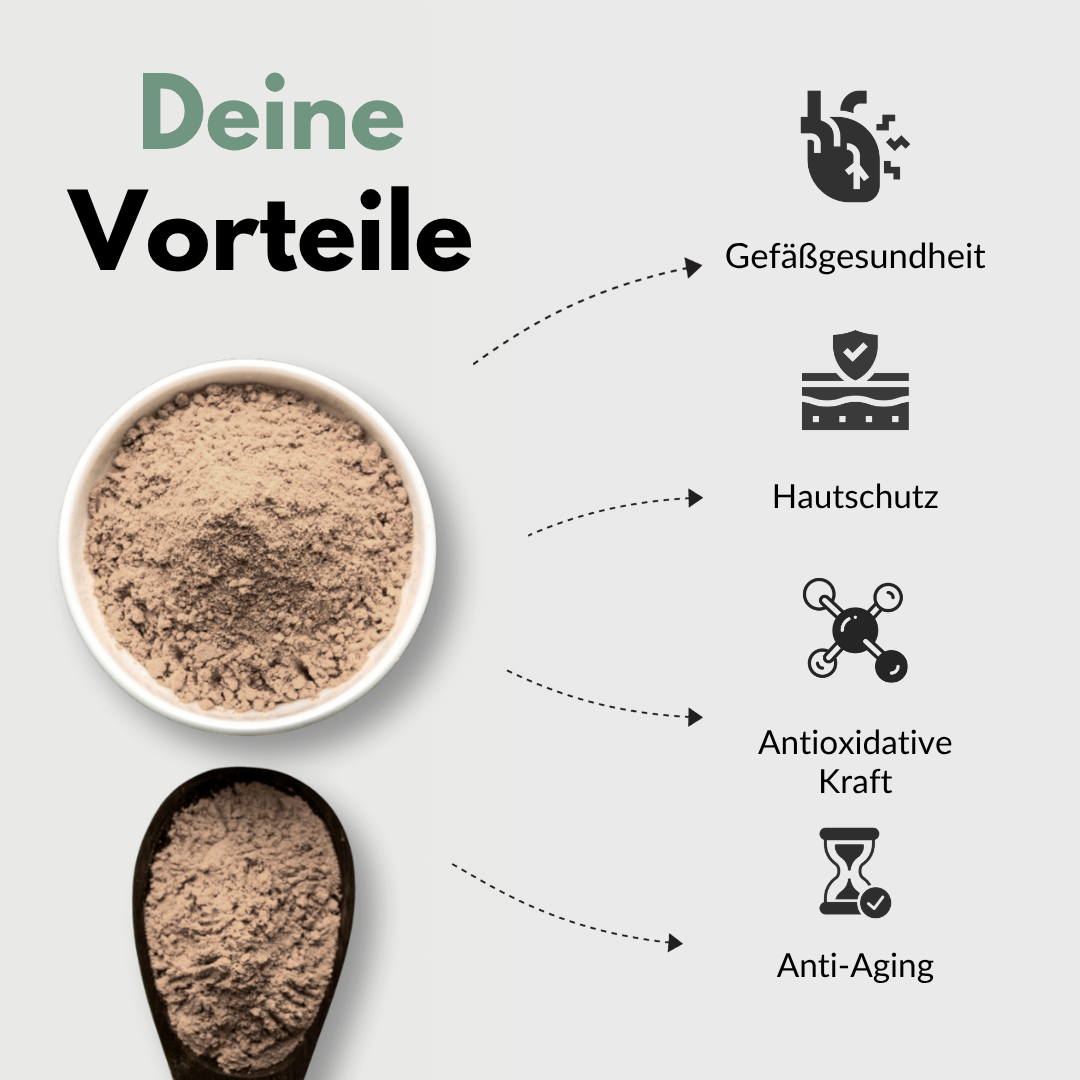 OPC Kapseln Vorteile wie Gefäßgesundheit, Hautschutz, antioxidative Kraft und Anti-Aging in einem informativen Diagramm.