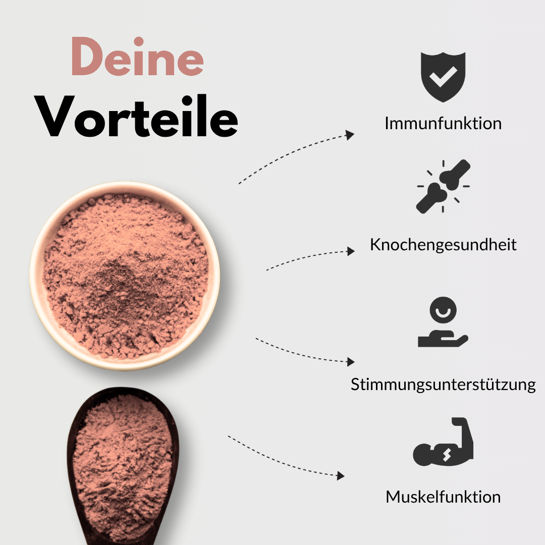 Vorteile von Vitamin D3+ für Immunfunktion, Knochengesundheit, Stimmungsunterstützung und Muskelübung.