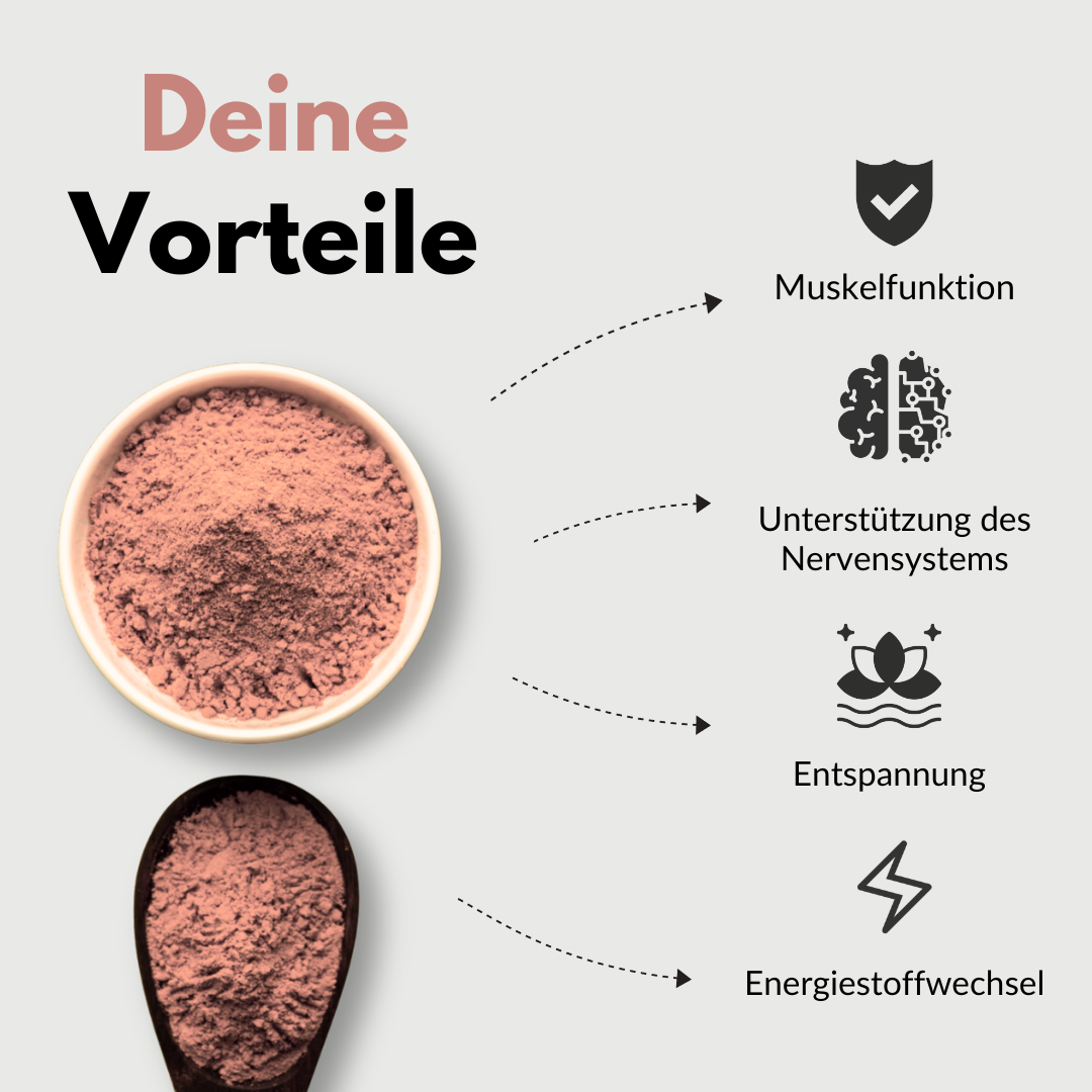 Deine Vorteile von Magnesium Komplex: Unterstützung der Muskelfunktion, Nervenystem, Entspannung und Energiestoffwechsel.