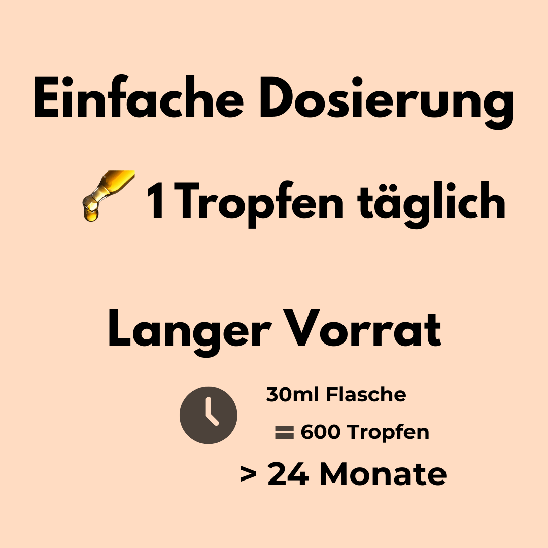 Einfach Dosierung: 1 Tropfen täglich für Vitamin D3 + K2, langer Vorrat in 30ml Flasche mit 600 Tropfen.