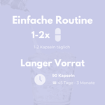 Produktinformation: Innere Ruhe Kapseln, einfache Routine, 1-2x täglich, 90 Kapseln für 45 Tage bis 3 Monate.