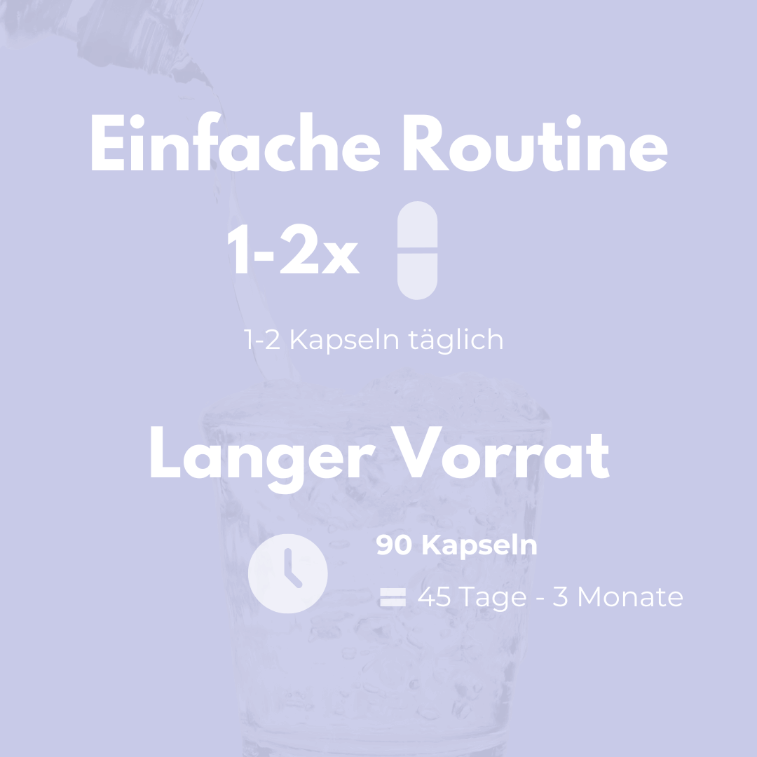 Produktinformation: Innere Ruhe Kapseln, einfache Routine, 1-2x täglich, 90 Kapseln für 45 Tage bis 3 Monate.