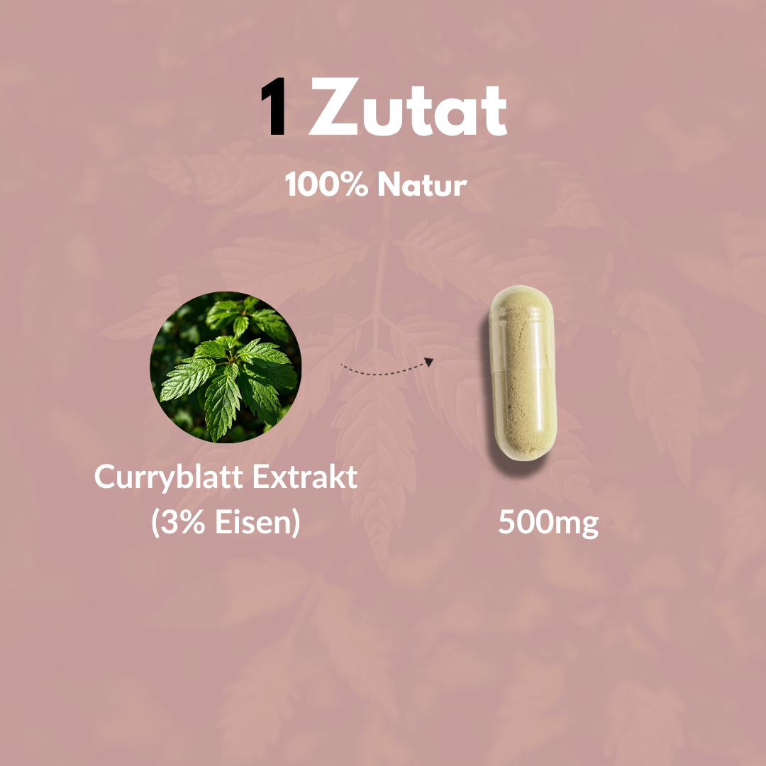 Vegan Iron: Curry leaf extract (3% iron) and 500 mg capsule, 100% natural ingredients