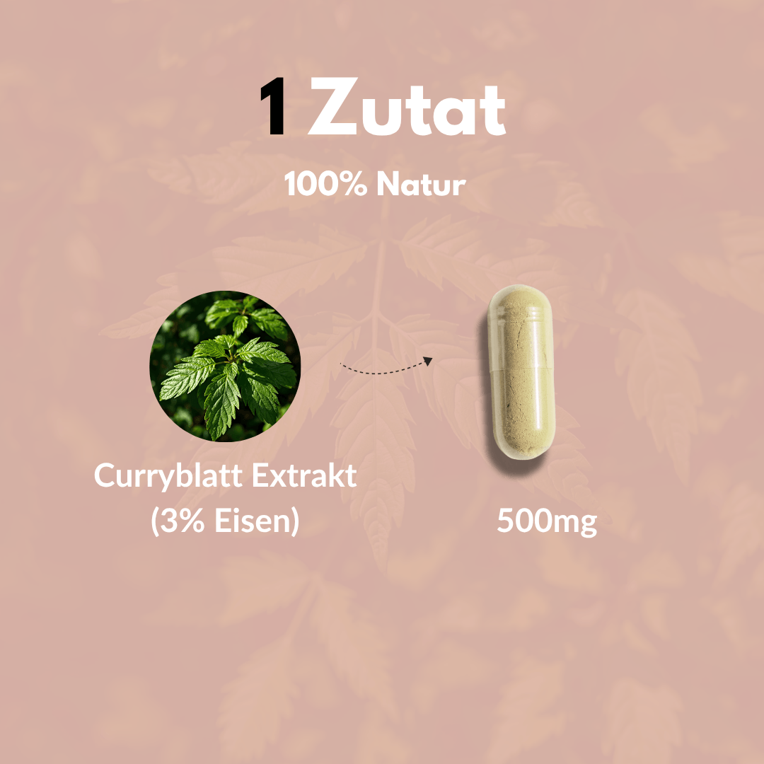 Eisen Vegan: Curryblatt Extrakt (3% Eisen) in einer 500mg Kapsel, pflanzliche Eisenquelle.