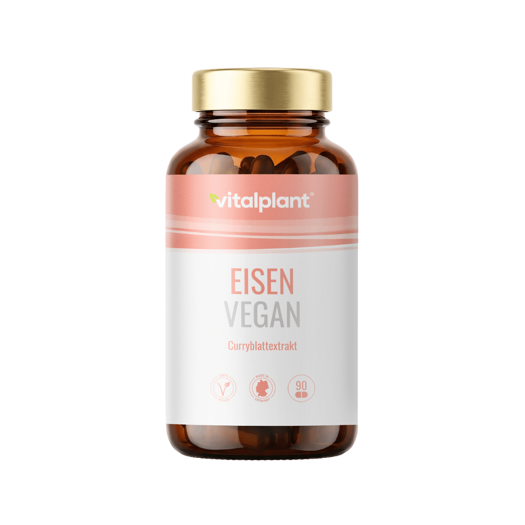 Eisen Vegan Kapseln von Vitalplant im Glasbehälter mit Curryblatt-Extrakt für vegane Eisenergänzung.