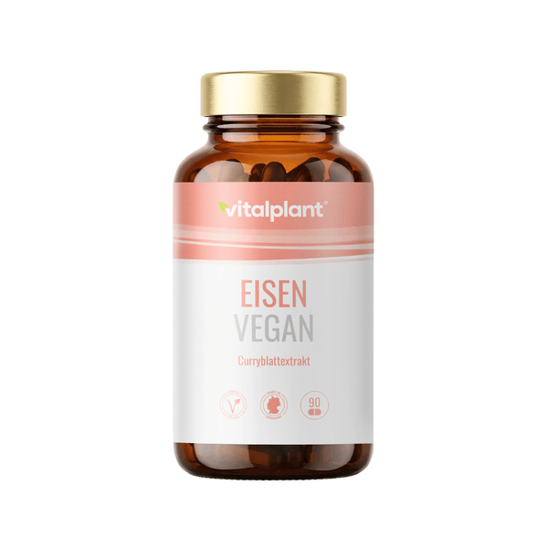 Eisen Vegan Kapseln von Vitalplant im Glasbehälter mit Curryblatt-Extrakt für vegane Eisenergänzung.