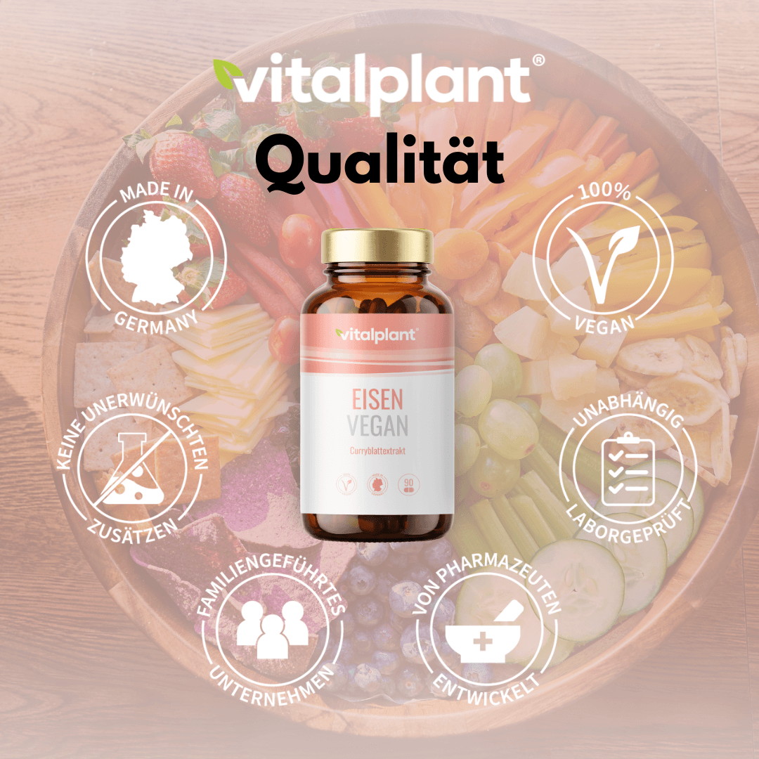 Iron Vegan by Vitalplant in a bowl with vegetables, 100% vegan, quality product made in Germany.