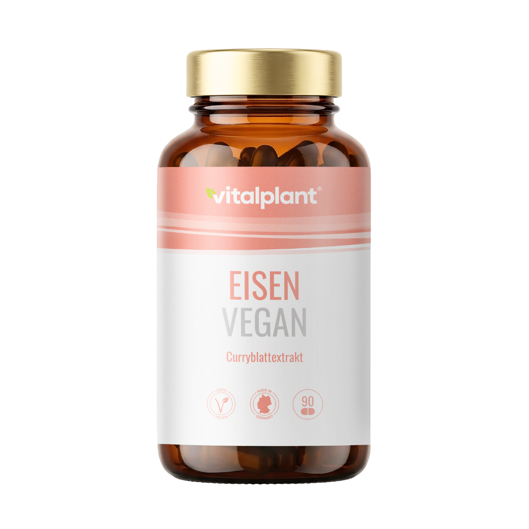 Eisen Vegan von Vitalplant – Pflanzliches Eisen mit Curryblatt-Extrakt in einem braunen Glasbehälter.