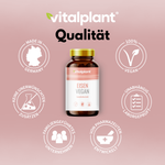 Iron vegan product by Vitalplant with quality seal and benefits, 100% vegan and made in Germany.