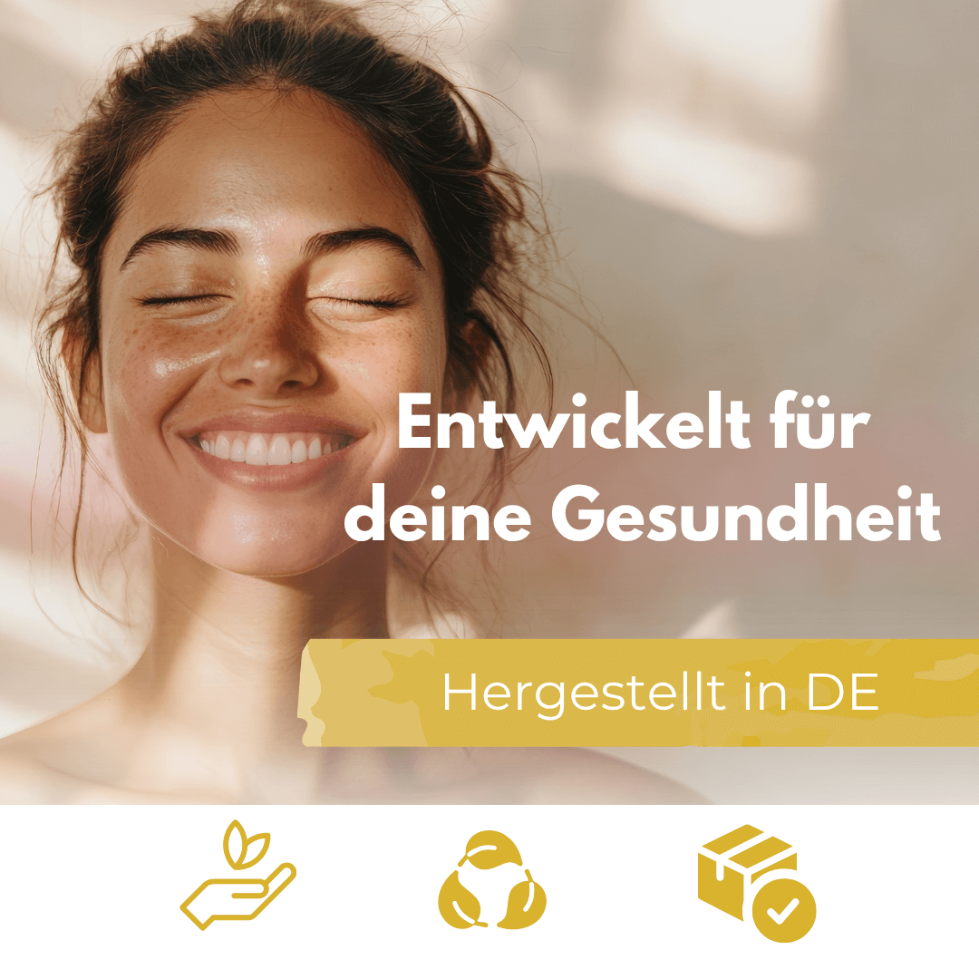 Frau mit strahlendem Lächeln, entwickelt für Gesundheit, Vitalplant® Vitamin D3+ präsentierend.