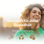 Lächelnde Frau mit gesundem Lifestyle, entwickelt für deine Gesundheit, Made in Germany.