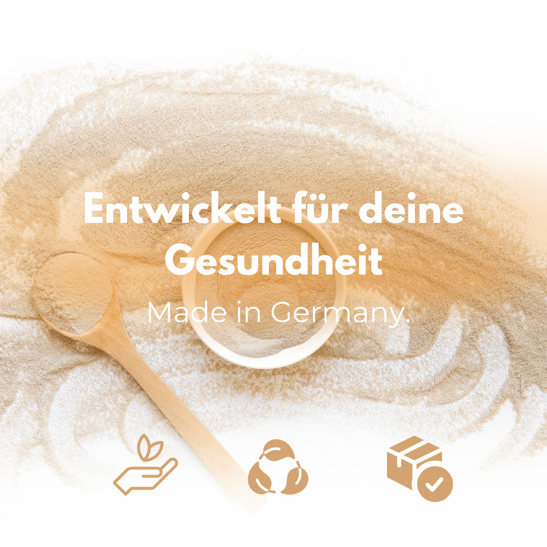 Schale mit Pulverbestandteilen und Holzlöffel, entwickelt für deine Gesundheit, Made in Germany.