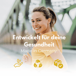 Frau in Sportbekleidung lächelt, symbolisiert Gesundheit und Fitness, Produkt entwickelt für deine Gesundheit, Made in Germany.