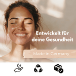 Frau mit strahlendem Lächeln, Produkt für Gesundheit, Vitamin D3 + K2 Tropfen, Made in Germany