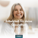 Lächelnde Frau mit gesundem Lächeln, entwickelt für deine Gesundheit, Bio Hagebutte, Made in Germany