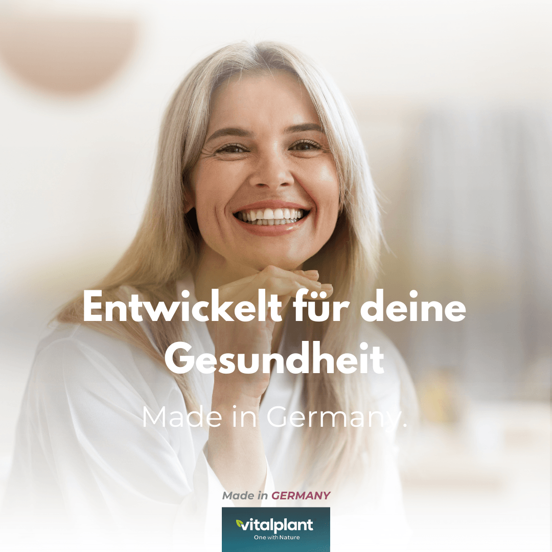 Lächelnde Frau mit gesundem Lächeln, entwickelt für deine Gesundheit, Bio Hagebutte, Made in Germany