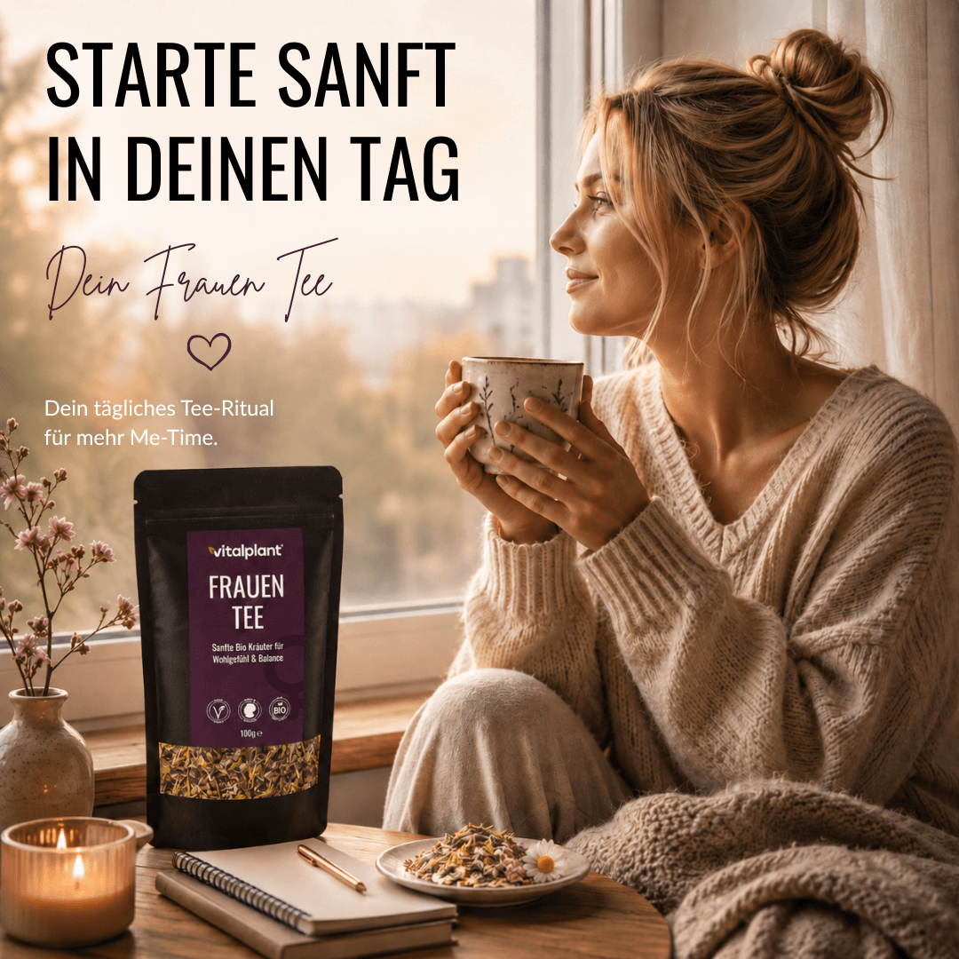 Bio Frauen Tee – Becher mit Tee in einer gemütlichen Umgebung für achtsame Genussmomente.