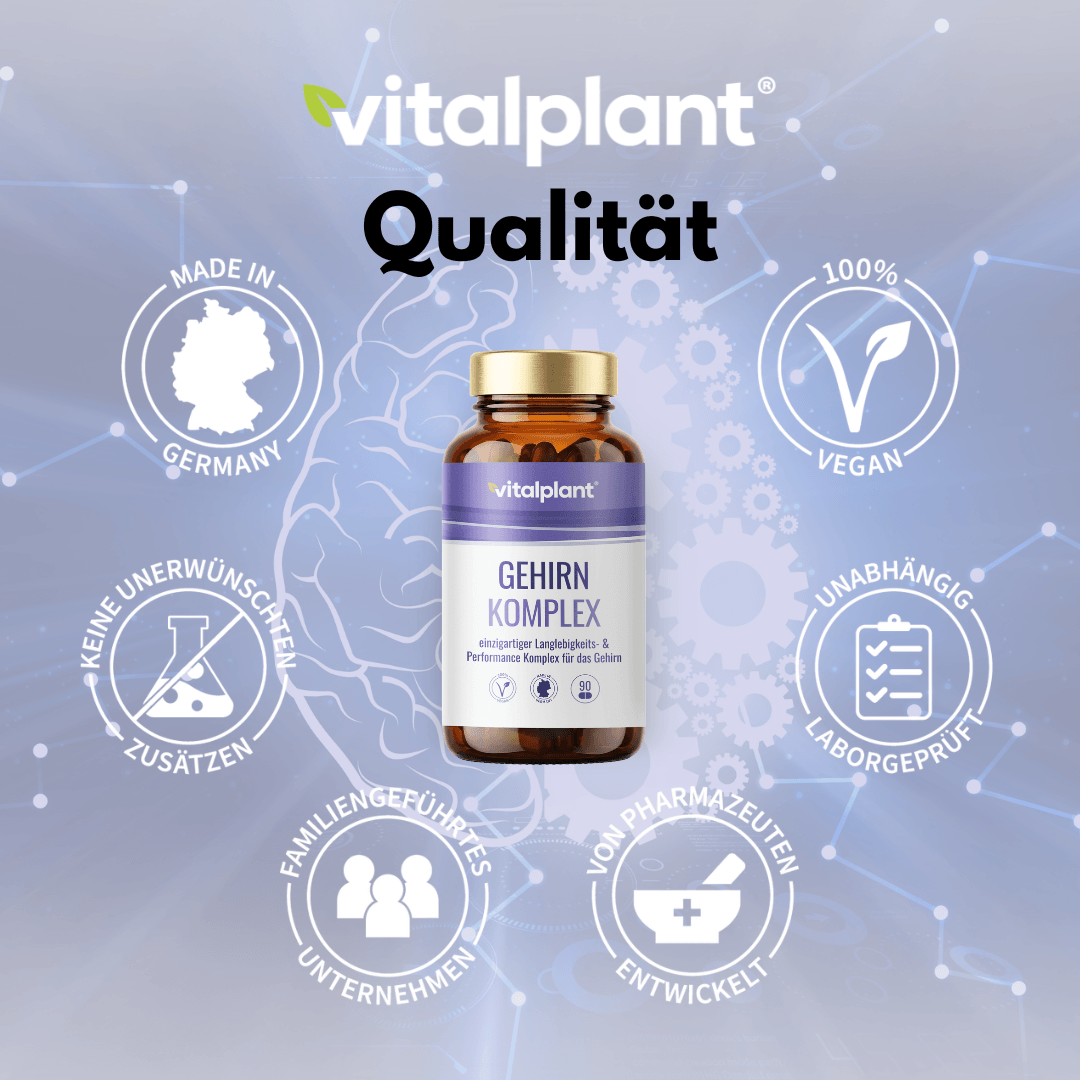 vitalplant Gehirn Komplex in hochwertiger Verpackung mit Qualitätssymbolen und Informationen zu Inhaltsstoffen.