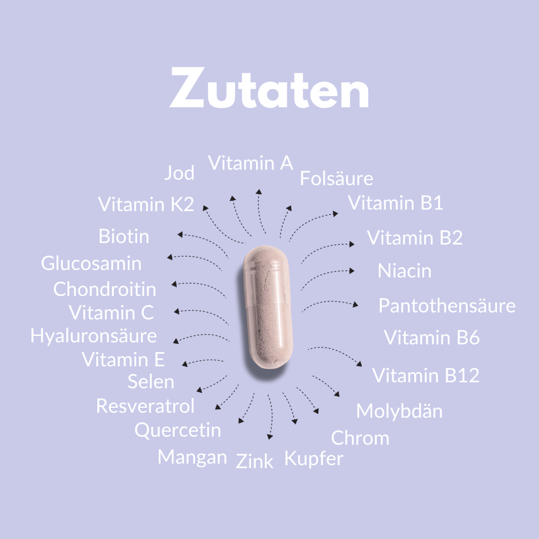 Zutatenliste für Gelenk Komplex Kapseln mit wichtigen Mikronährstoffen und Vitaminen.