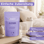 Glutamin Pulver von Vitalplant für einfache Zubereitung in Wasser oder Shake.
