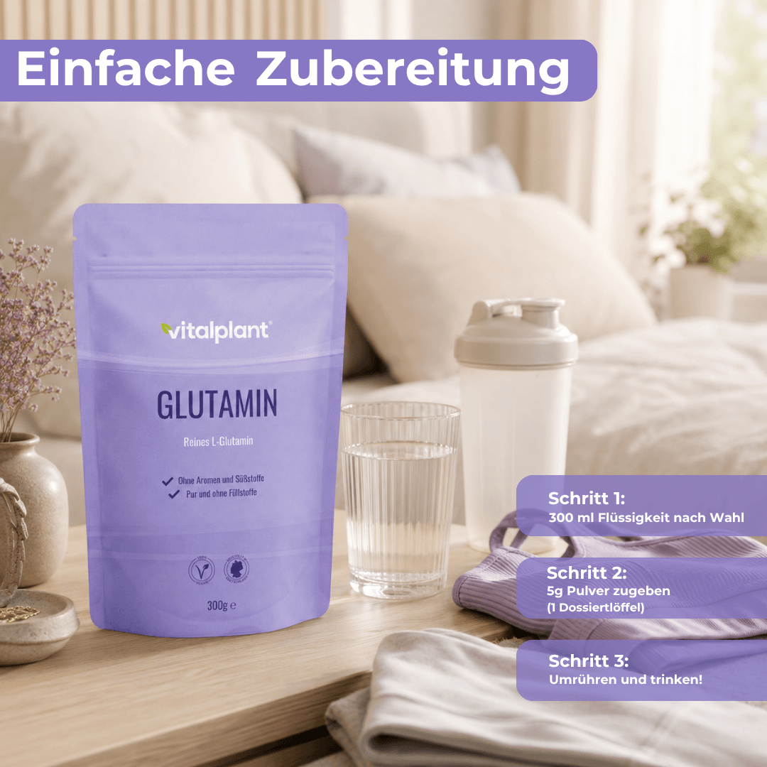 Glutamin Pulver von Vitalplant für einfache Zubereitung in Wasser oder Shake.