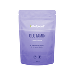 Glutamin Pulver von Vitalplant in lila Verpackung, reines L-Glutamin ohne Aromen und Süßstoffe.