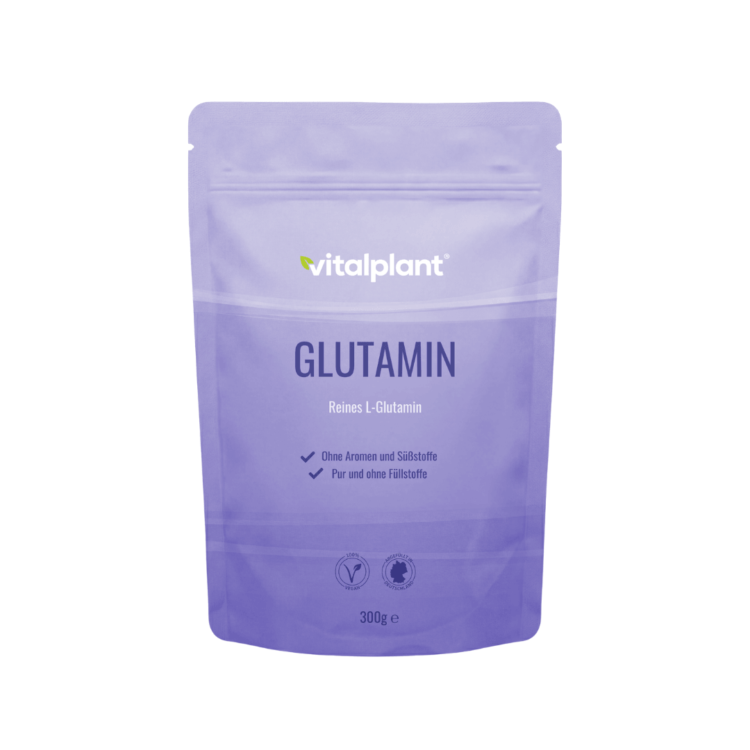 Glutamin Pulver von Vitalplant in lila Verpackung, reines L-Glutamin ohne Aromen und Süßstoffe.