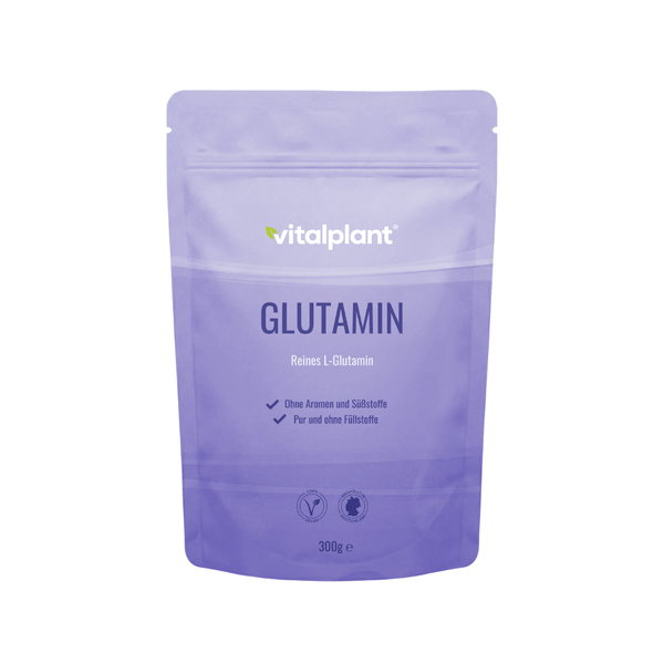 L-Glutamine powder from Vitalplant in purple packaging, pure L-glutamine without flavors or sweeteners.