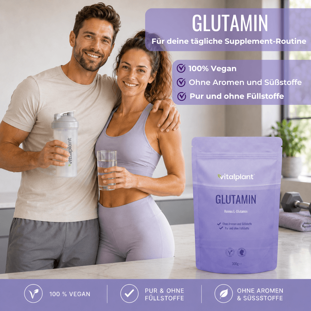Glutamin Pulver von Vitalplant, 100% vegan, ohne Aromen und Süßstoffe, pur und ohne Füllstoffe.