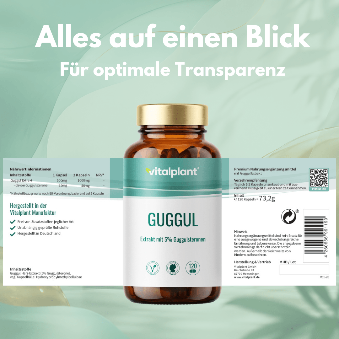 Guggul Extrakt Kapseln von Vitalplant mit 5% Guggulsteronen in praktischer Kapselform für verschiedene Anwendungen.
