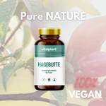 Hagebutte Kapseln in einer Flasche vor einem Naturhintergrund, 100% vegan und reich an Vitamin C.