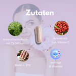 Haut Haare Nägel Kapseln mit Zutaten wie Acerola, Biotin, Zink und wichtiger B Vitamine für natürliche Schönheit.