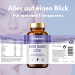 Haut Haare Nägel Kapseln von vitalplant für strahlende Haut, glänzendes Haar und starke Nägel in ansprechender Verpackung.