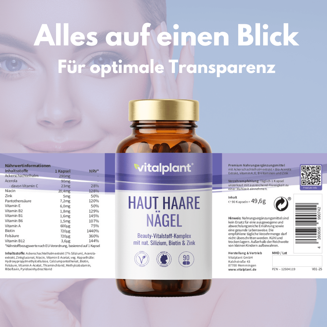 Haut Haare Nägel Kapseln von vitalplant für strahlende Haut, glänzendes Haar und starke Nägel in ansprechender Verpackung.