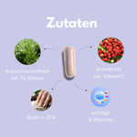 Haut Haare Nägel Kapseln mit Zutaten wie Ackerschachtelhalm, Acerola, Biotin und wichtigen B-Vitaminen.