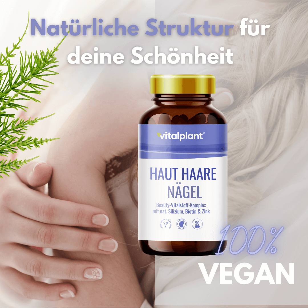 Haut Haare Nägel Kapseln von Vitalplant – natürliche Schönheit mit Vitaminen, 100% vegan.