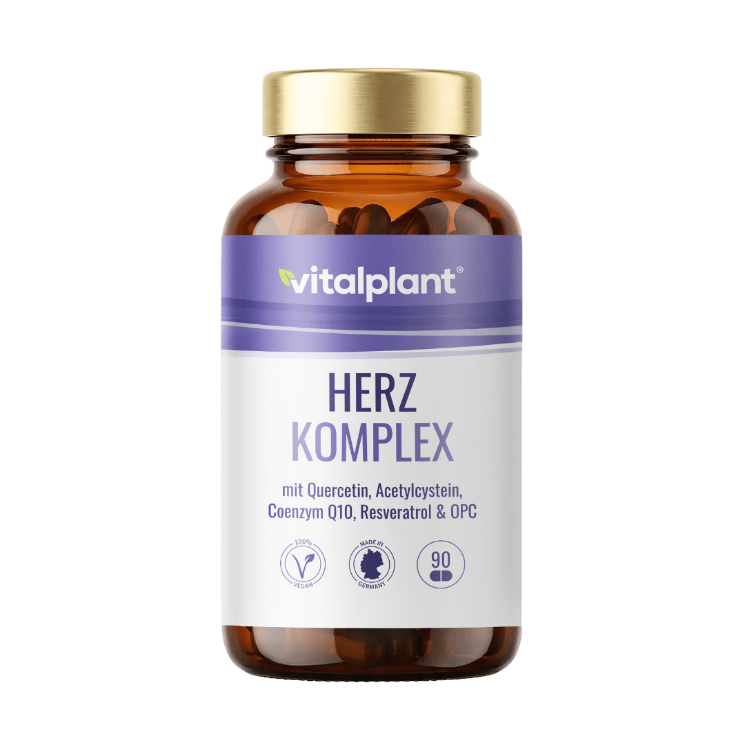 Herz Komplex by vitalplant in a brown bottle with 90 capsules, contains valuable ingredients for the cardiovascular system.