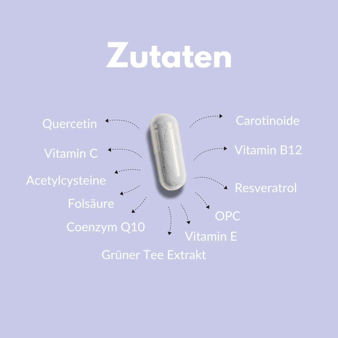 Herz Komplex Inhaltsstoffe: Quercetin, Vitamin C, Acetylcystein, Folsäure, Coenzym Q10 und mehr.