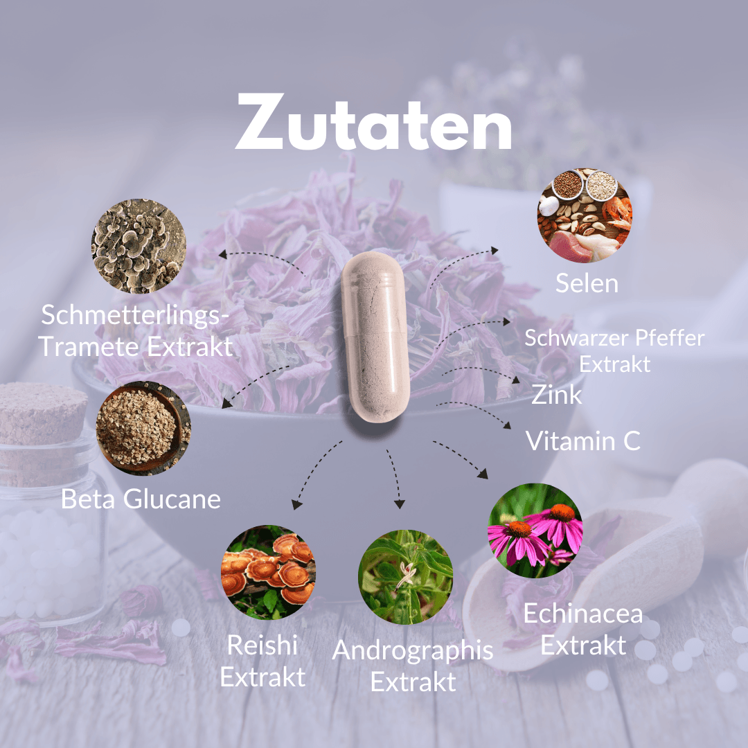 Immun Komplex Kapseln mit Zutaten wie Selen, Zink und Vitamin C für starke Abwehrkräfte.