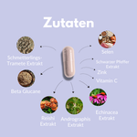 Immun Komplex Kapseln mit Zutaten wie Selen, Zink, Reishi und Vitamin C auf lila Hintergrund.