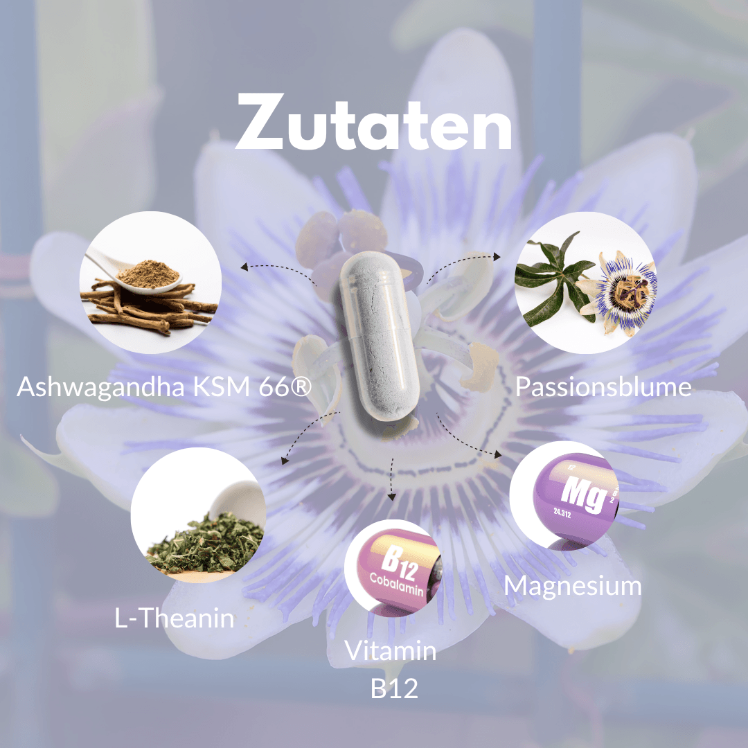 Inner peace capsules with ashwagandha, passionflower, L-theanine, magnesium and vitamin B12 for relaxation.
