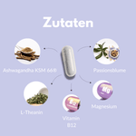 Innere Ruhe Kapseln mit Zutaten: Ashwagandha KSM 66®, Passionsblume, L-Theanin, Magnesium und Vitamin B12.