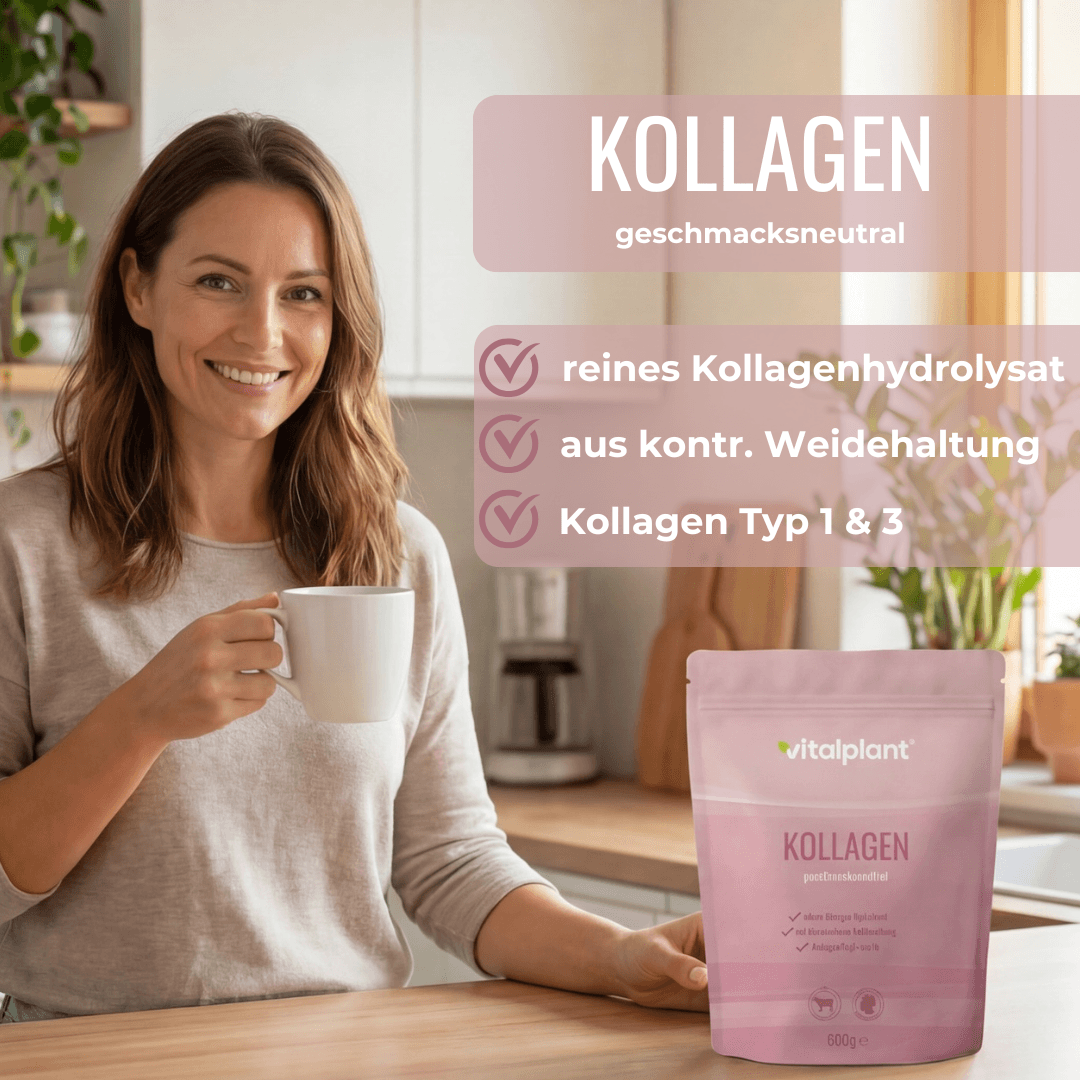 Woman holding a cup, smiling, with collagen in pink packaging in the background.