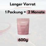 Kollagen Produktverpackung mit 600g, ideal für zwei Monate, hochwertiges Protein für bewusste Ernährung.